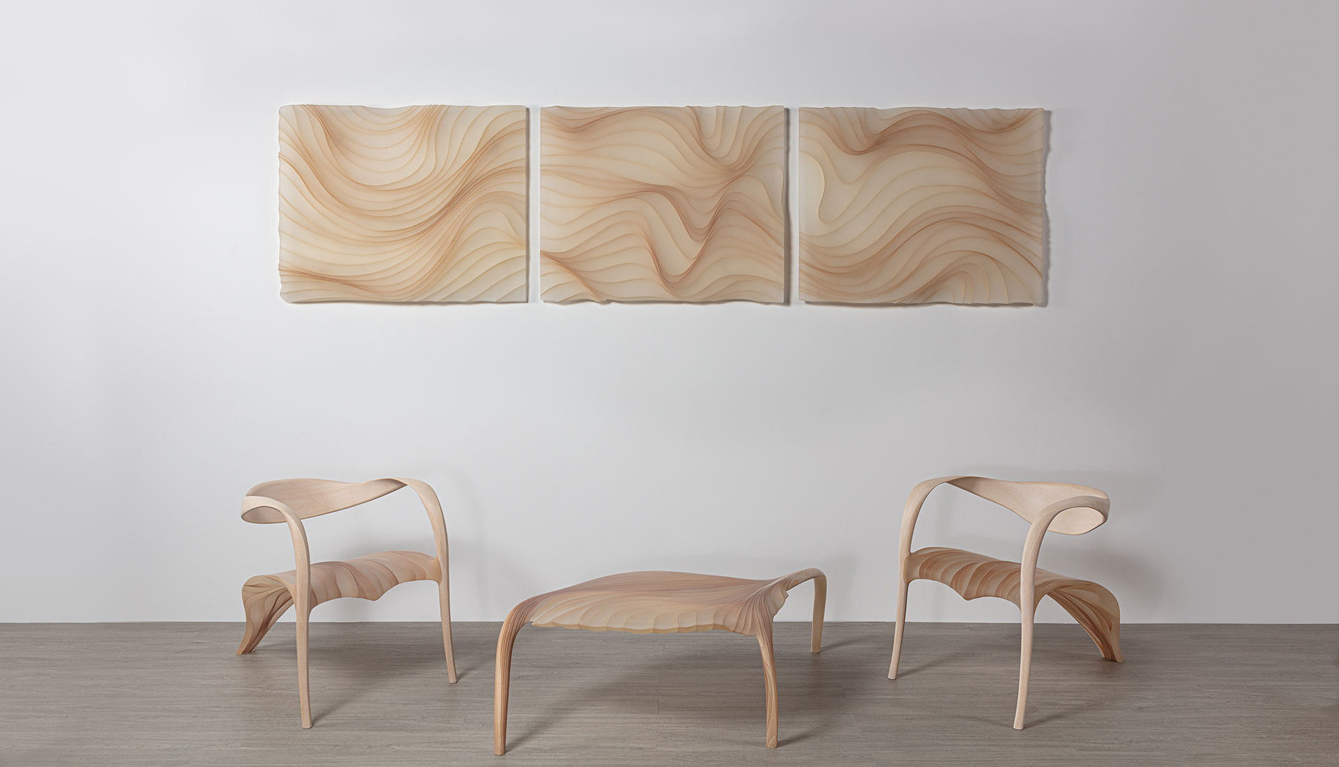 Ethereal Wallpanel Triptych and two Lounge Chairs with Low Table